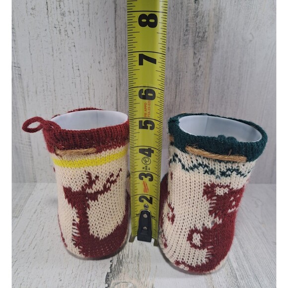 2 Knitted Christmas Boots Candy Cane Holders Stockings Plastic Inserts Deer Bear - Picture 8 of 10